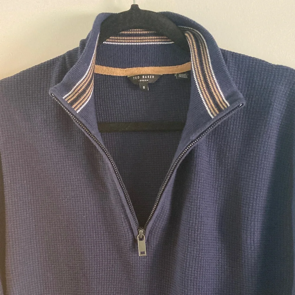 Ted Baker Mens Size 5 / XL Morric Navy Blue Cotton Waffle Pullover Top 1/4 Zip